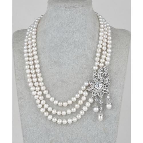 22" 3 Strands Fresh water cultured pearl Necklace CZ Pendant