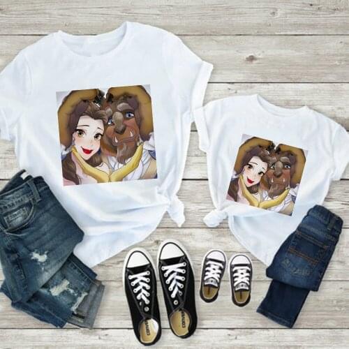 Couple Clothes Beauty and the Beast Cartoon Print Casual Korean Fashion Woman T-shirt Summer Comfortable Kawaii Kids Tshirt