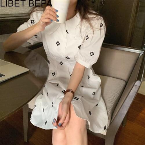 2021 New Womens Summer Dresses Casual Embroidery Floral High Waist Korean Peter Pan Collar Elegant Vintage Lady Dress DR9263