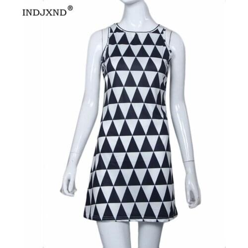 INDJXND Women Elegant Triangle Print Summer Dress Ladies O Neck Sleeveless Vintage Fashion Knee-Length Patchwork A Line Dress
