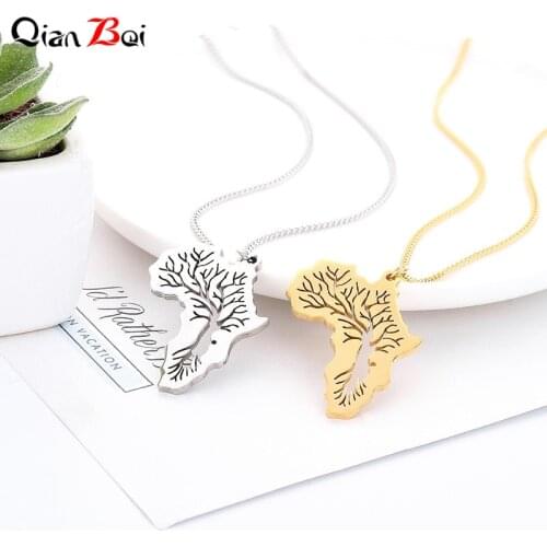 QianBei Hiphop Africa Necklace Gold Silver Color Pendant link Chain African Map Gift Tree Of Life Ethiopian Jewelry for women