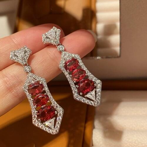 Shield Shape Red crystal Earring Tassel For Women AAA Zircon High Quality Cubic Trendy Jewelry Wedding Party Fashion Girl Gift