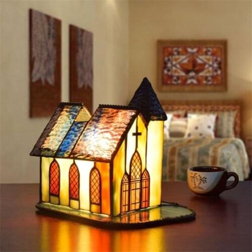 Wedding Decor Church Led Night Light Tiffany Vintage Glass House Table Lamp Kids Room Bedside Foyer Small Desk Night Light 1235