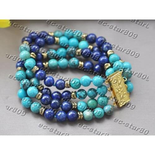 Z11169 4Row 8" 26mm Blue Green Round Lapis Lazuli Turquoise Bead Bracelet