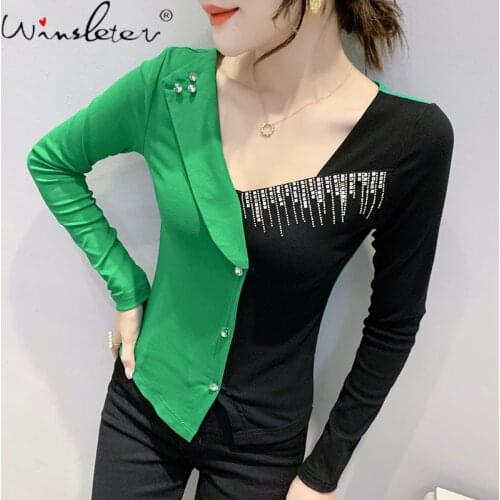 Spring Cotton T-Shirt Pullover Sexy V-Neck Irregularity Spliced Fake Two Pieces Shiny Diamonds Women Tops Button Tees T18308A