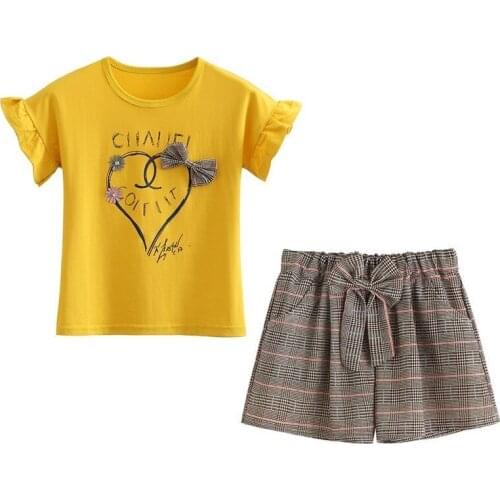 2 3 4 5 6 Years Toddler Girls Sets Casual Short Sleeve T-Shirt Plaid Shorts 2pcs Kids Clothing Stylish Clothes For Girls Suit