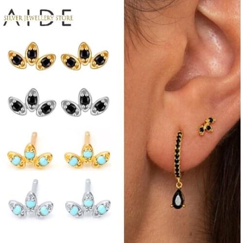 AIDE Cute Geometric Zircon Turquoise Stud Earrings For Women Gift Exquisite 925 Sterling Silver Earrings Fine Jewelry kolczyki