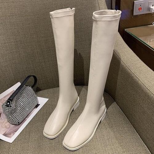 2020 Winter Fashion Women Thigh High Long Flat Boots Beige Low Heels Knee High Boots Soft Leather Square Toe Boots Party Shoes
