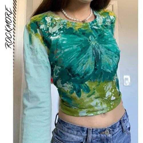 Rockmore Fairy Grunge Tie Dye Crop Top Women Y2K Aesthetic Long Sleeve T Shirts Butterfly Print 90s Vintage Tee Autumn Clothes
