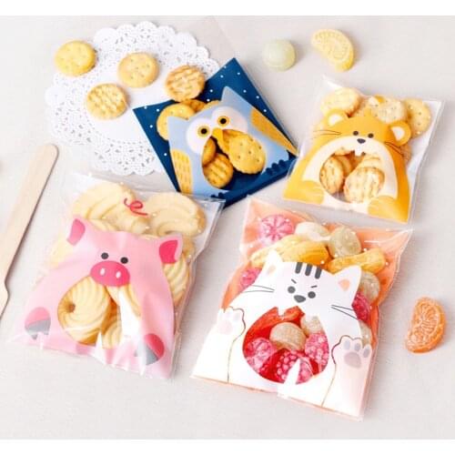 100pcs Cute Animal Plastic Bags Transparent OPP Bag Self Adhesive Owl Cat Pig Plastic Candy Bag for Gifts Wedding Decoration