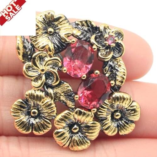 34x34mm SheCrown Bohemia Design Flowers Created Rhodolite Garnet Red Blood Ruby Cool Black Gold Silver Pendant For Woman Gothic
