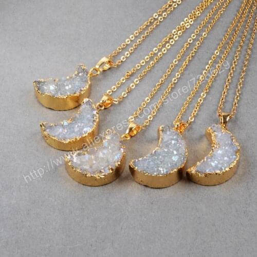 BOROSA 10Pcs/lot New Arrival Fashion Gold Color Moon Natural Crystal Titanium AB Druzy Pendant Beads G0388