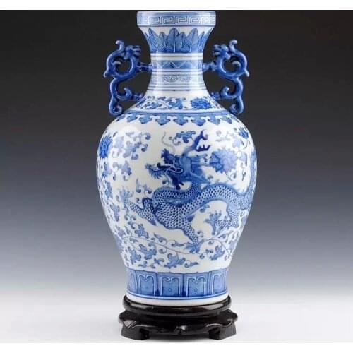 Jingdezhen Ceramics High-grade Blue and White Porcelain Vase Double Ear Dragon-pattern Vase Living Room Home Decoration Crafts