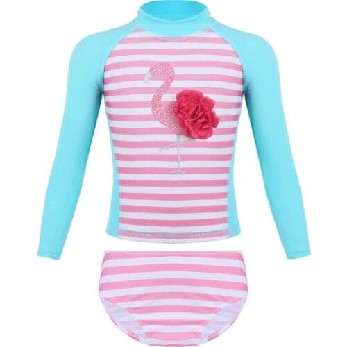 2 pcs Kids Girls Swimsuit Long Sleeves Tankini Flamingo Printed Bathing Swim Tops & Bottoms Swimwear Children Split Bikini Suit