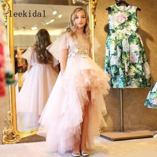 Modest High Low Pink Flower Girls Dresses Jewel Neck Capped Sleeve Asymmetrical Hem Kid Pageant Dress Tulle Front Short Back