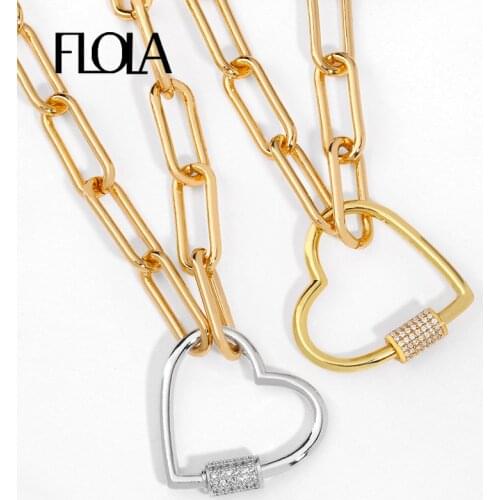 FLOLA Gold Love Heart Lasso Necklaces For Women CZ Zircon Carabiner Lock Necklaces Charm Punk Statement Fashion Jewelry nkeq96