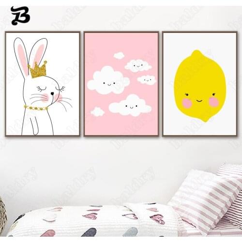 Canvas Painting Pink Bunny Princess Cloud Lemon Wall Art Cartoon Posters and Prints Wall Pictures for Kids Baby Room Home Decor