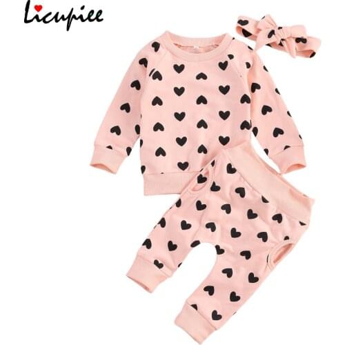 Wallarenear Newborn Toddler Baby Girl Autumn Clothing Set Pink Printed O-neck Cotton Soft Top Long Pants Outfits 0-24 Months