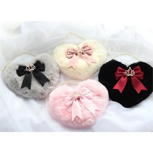 Kawaii Heart-shaped Lolita Girl Messenger bag Harajuku Plush Bow JK Uniform Cute Furry Chain Shoulder Bag Handbag B841