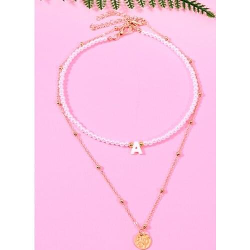 2Pesc/Lot Initial Letter Trendy Pearl Necklaces Vintage Gold Plated Chain Layered Pendant Choker for Women Summer Jewelry 2021
