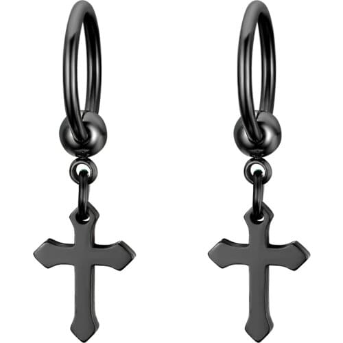 BONISKISS Men Punk Cross Hoop Earrings Hiphop Women Stainless Steel Silver Color Pierce Earring Vintage Round Jewelry For Female