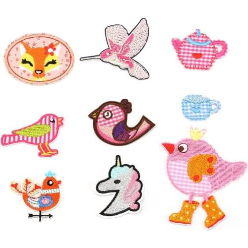 50pcs/lot Embroidery Patches Clothing Decoration Accessories Cute Animals Bird Fox Teapot Diy Iron Heat Transfer Applique