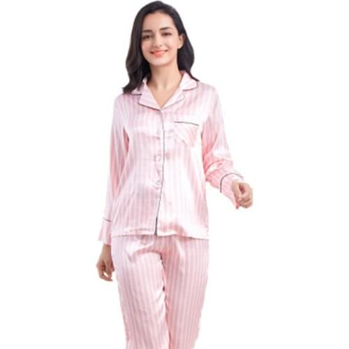 Rayon Silk Pajamas Set Women Sexy Stripe Pink Pyjama Long Shirt Pants Female Homewear 2Piece/Set 2020 Sleepwear