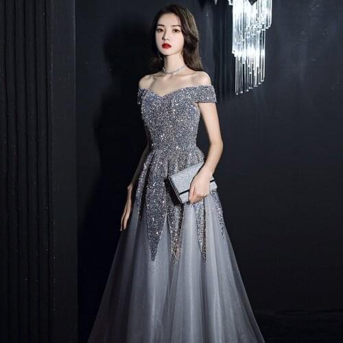 Off the Shoulder Heavy Sequined Evening Dresses Long Gown For Women Party Lace Up Back Boat Neck Cristal Vestidos de Festa
