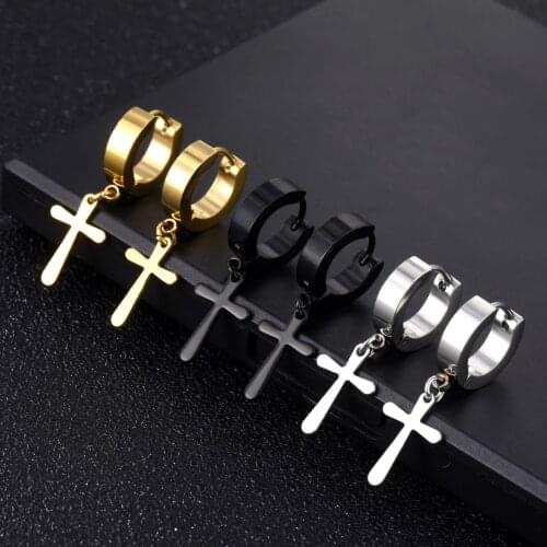 KNOCK 2pcs Women Mens Stainless Steel Dropping Earrings Black/Silver Color Cross Gothic Punk Rock Style Pendientes Mujer Moda