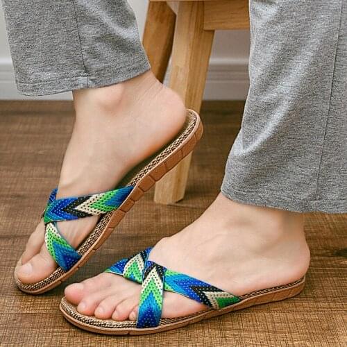 Summer Home Floor Non-Slip Shoes Women Linen Slides Couple Light Cross Slippers Ladies Flax Flip Flops Unisex Soft Thick Sandals