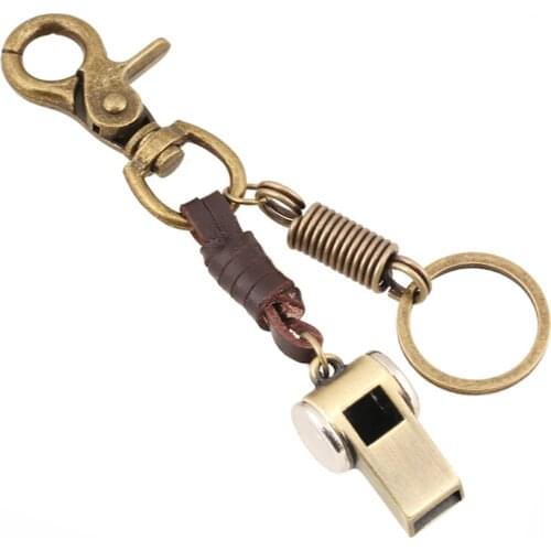 Copper Alloy Genuine Leather Whistle Vintage Bag Keychains Punk Men Car Key Chain Ring Holder Women Accessories Gift FY040