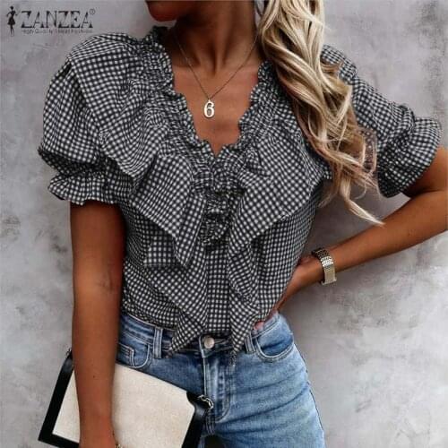 Stylish Women V Neck Short Sleeve Shirt Summer Plaid Checked Blouse ZANZEA Vintage Tunic Tops Elegant OL Party Ruffles Blusas