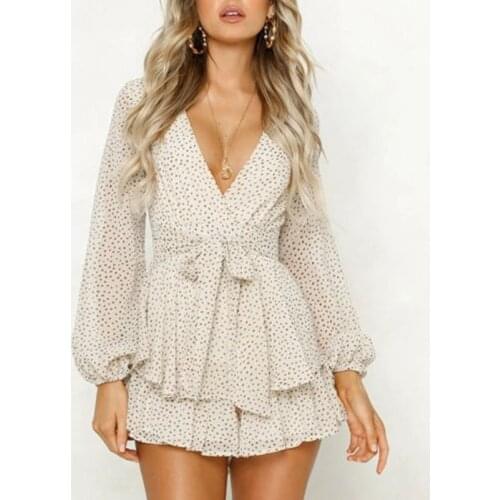 Print Hit Color Casual Jumpsuits For Women V Neck Long Sleeve Lace Up Playsuits Females Summer Clothing 2021 New Stylish E679