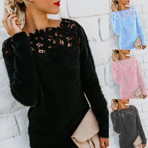 Women Sexy Plus Size Sweater Floral Lace Long Sleeve Sweater Solid Color Jumper Cashmere Autumn Warm Casual pull femme свитер