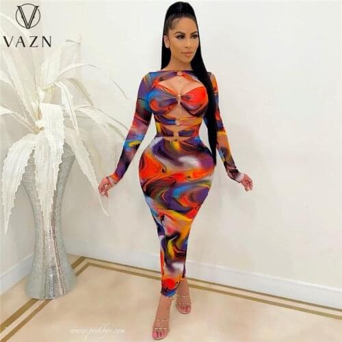 VAZN 2021 Autumn Hollow Out Retro Sexy Club Long Maxi Dress Round Neck Full Sleeve Soft High Waist Young Vestidos For Female