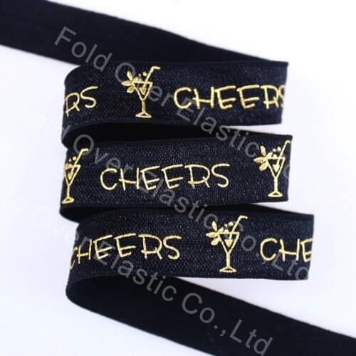 5/8" (15mm) gold foil cocktail printed fold over elastic , 100 yards/lot, 5 ribbon colors for options
