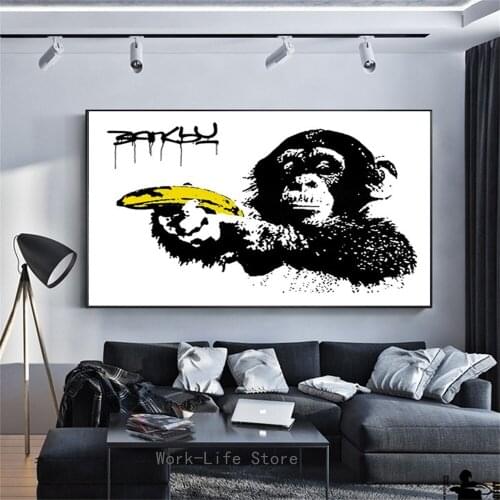 Bansky Graffiti Art Canvas Painting Street Style Funny Monkey Hand In A Banana Wall Poster for Living Room Home Decorations