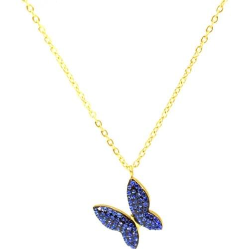 Stainless Steel Chain CZ Blue Butterfly Necklace for Women Gold Pendant Choker Necklace Jewelry