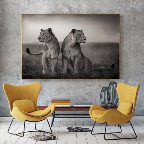 Black and White African Lion Wild Animal Posters and Prints Landscape Canvas Painting Art Nature Wall Picture for Living Room