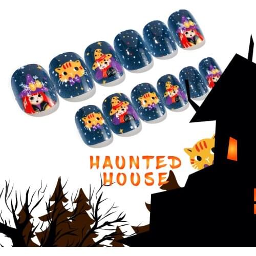 24Pcs/Lot Children Halloween False Nail Tips Fire Full Cover Kid Glue Self Fake Nail Art for Girls DIY Manicure Tips Nails Decor