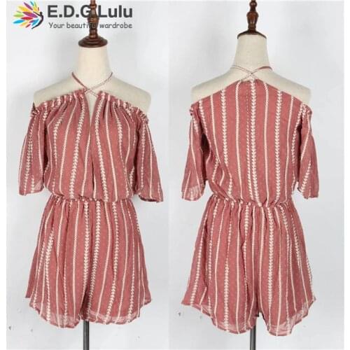EDGLuLu Womens Jumpsuit Casual Beach Summer Stripe Printed Playsuit 2021 Rompers Off Shoulder Short Sleeve Playsuit Clothes0727