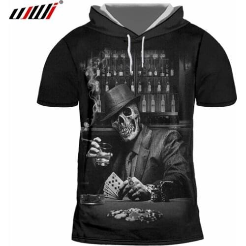 UJWI Hooded Tshirt 2019 New Mens Smoking poker skull 3D Printed trend Street wear Short sleeve hoodie
