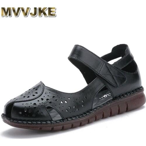 MVVJKE Summer New Handmade Womens Shoes National Style Genuine Leather Hollow Out Women Sandals Soft Flat With Sandals