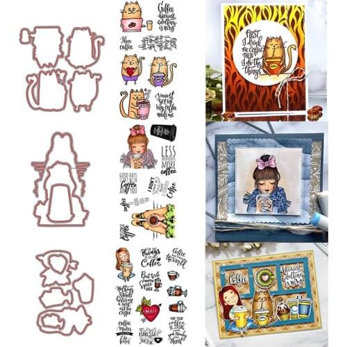 Coffee Cats Coffee Girls Lovers Set with Sentiments Stamps And Dies Set for DIY Scrapbooking Paper Cards Crafts 2021 New