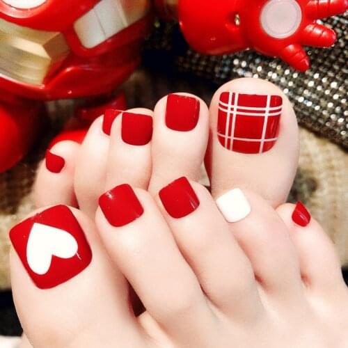 24Pcs Red Foot False Toenail Tips Set French Full Cover Fake Toe Nail Tips Nail Stickers Tips Patches DIY Manicure Decoration