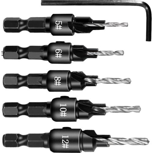 5pcs Countersink Drill Woodworking Drill Bit Set Drilling Pilot Holes For Screw Sizes #5 #6 #8 #10 #12 With a wrench