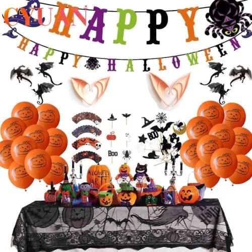 CYUAN 2020 Happy Halloween Letter Foil Balloons Pumpkin Ghost LED Light Cake Topper Table Cover for Halloween Party DIY Decor