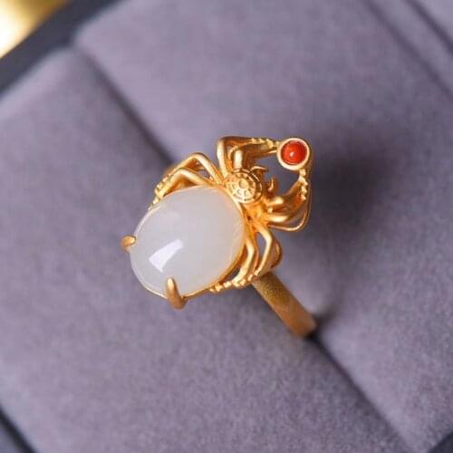 New silver original natural Hetian Chalcedony spider shape exaggerated dominee neutral men and women adjustable ring