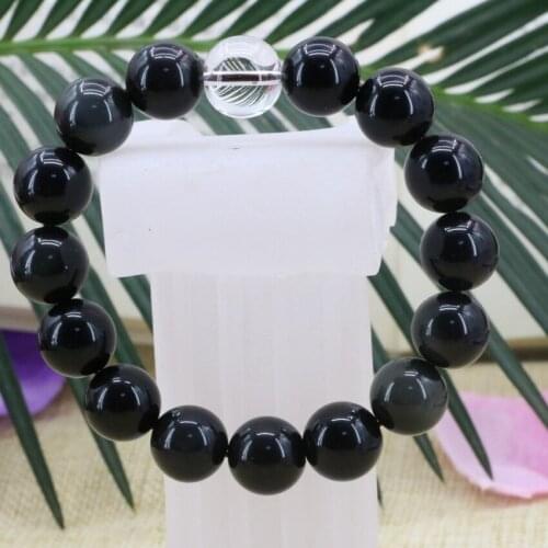 Charming Bracelet Femme Bohemian Style Natural Black Obsidian 12mm Round Beads Strand Bangles Crystal Diy Jewelry 7.5inch B3164