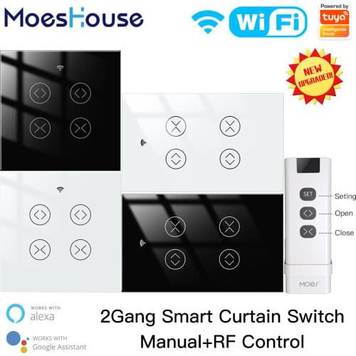 MoesHouse Tuya Smart Life WiFi RF 2 Gang Double Curtain Blind Switch for Roller Shutter Electric Motor With Google Home Alexa